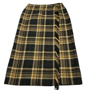 Studio Works Skirt Womens 12 Brown Plaid Faux Wrap Fringe Midi Preppy Academia